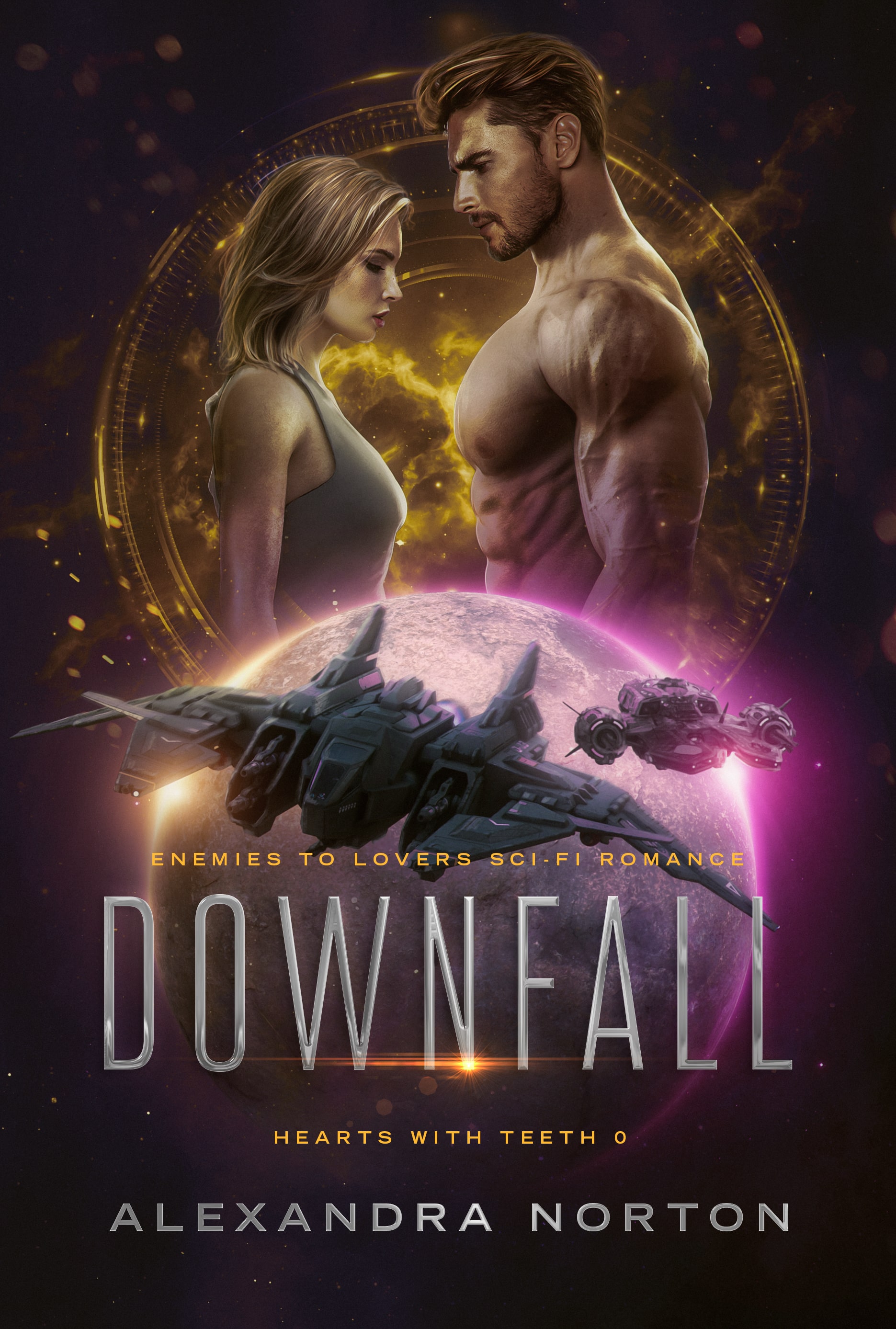 Downfall cover - a woman and muscular man facing each other, their fighter craft depicted beneath them