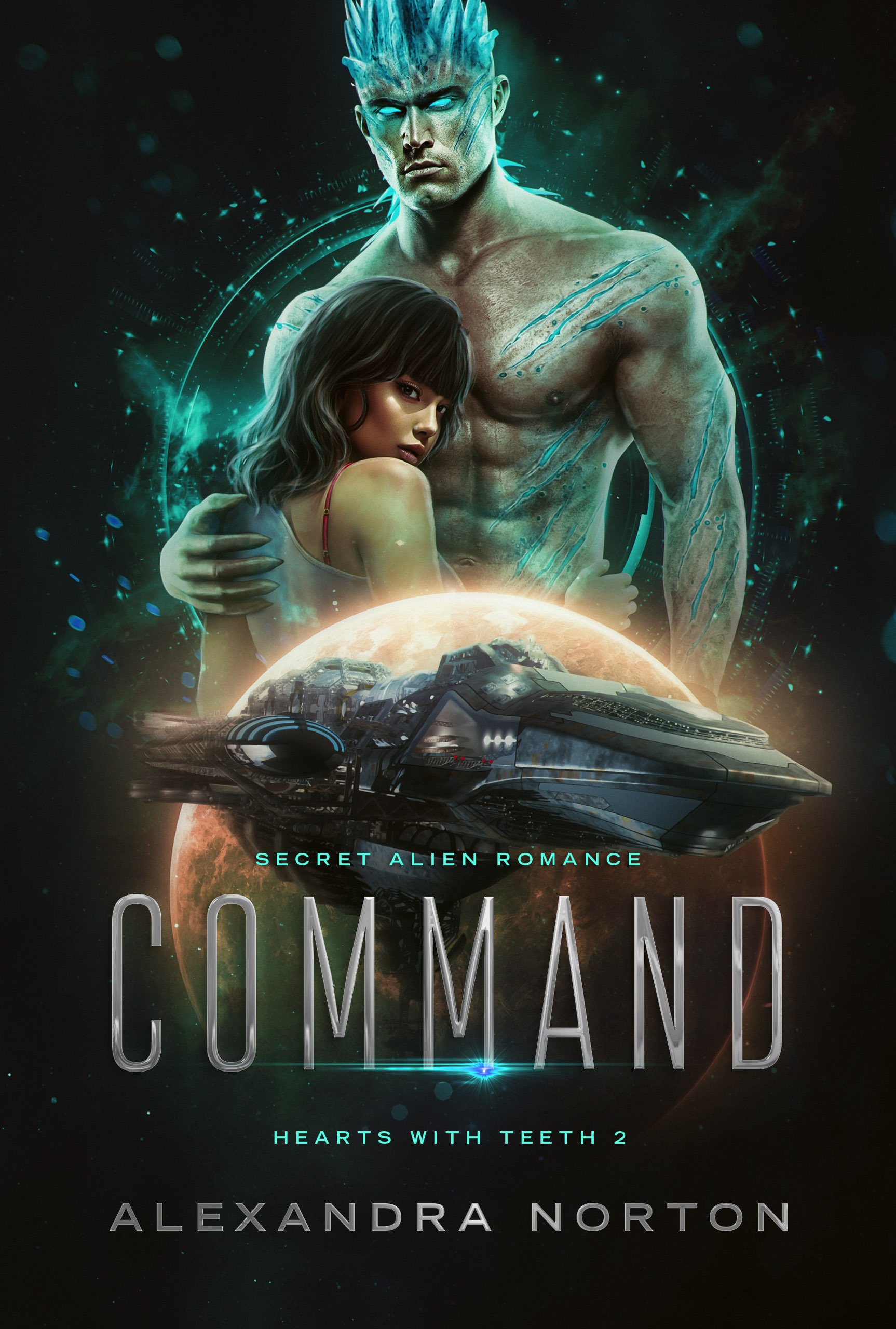 Command cover: A cyan alien with a brunette woman nestled against him.